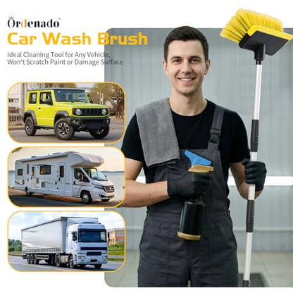 Ordenado 56" Car Wash Brush with Long Handle, Soft Bristle& Rubber Squeegee - color: Yellow