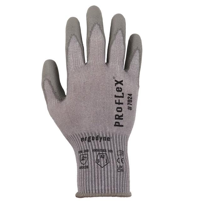 Ergodyne ProFlex 7024 Cut Resistant Work Gloves, ANSI A2, PU Coated Palms for Flexible No Slip Grip, Abrasion Resistant, 13g, Touchscreen Capable, Gray, Extra Large - size: X-Large