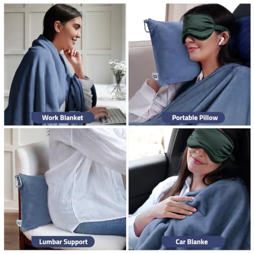 Travel Blanket, Airplane Blanket, Ultra-Soft, Warm & Lightweight, 65x40 in, Outdoor Blanket Essentials for Women, Men & Kids, Included Eye Mask, Luggage Sleeve & Backpack Clip Dusty Blue - color: Dusty Blue