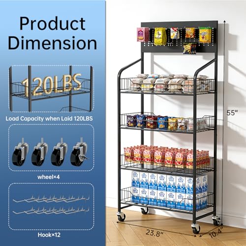 5 Tier Retail Display Rack, Snack Organizer Stand With Wheels & Hooks, Candy Potato Chip Metal Wire Display Shelf Cart for Supermarket and Home Kitchen, Black (55 * 23.8 * 10.4)