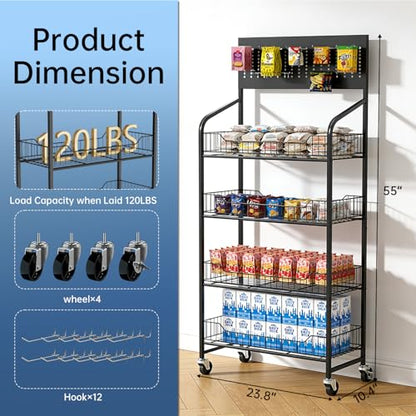 5 Tier Retail Display Rack, Snack Organizer Stand With Wheels & Hooks, Candy Potato Chip Metal Wire Display Shelf Cart for Supermarket and Home Kitchen, Black (55 * 23.8 * 10.4)