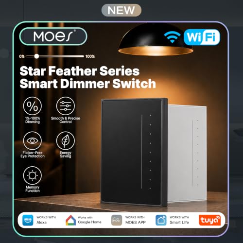 MOES SF WiFi Dimmer Switch, Neutral Wire Required, Anti-Glare Panel White - color: White, size: WiFi Dimmer Switch