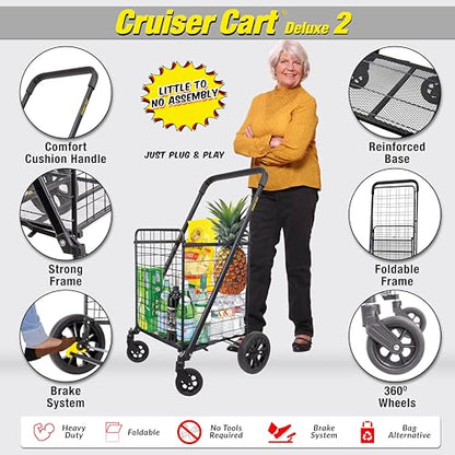 dbest Products Cruiser Cart Deluxe 2 Shopping Grocery Rolling Folding Laundry Basket on Wheels Foldable Utility Trolley Compact Lightweight Collapsible, Black - color: Black, style: Deluxe 2