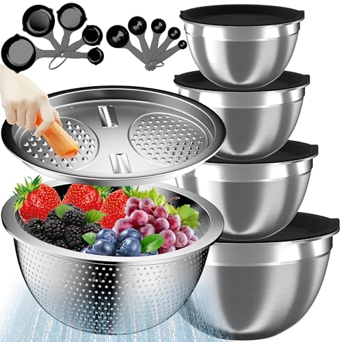 Nicdiet Mixing Bowls with Lids Set, 16PCS Stainless Steel Mixing Bowls,Nesting Storage Bowls for Kitchen with Mixing Bowl, Colander, Strainer & Grater, Metal Salad Bowl for Kitchen Gadgets, Black - color: Jet Black