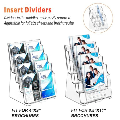 FUCDTEFC Acrylic Brochure Holder 8.5x11 & 4 x9 Inches, Clear 4 Tier Magazine Holder Brochure Display Stand w Removable Divider, Literature Pamphlet Flyer Holder for Wall Mount or Countertop - size: 4-Tier Brochure Holder