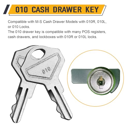 010 Key for Drawers, Cash Drawer Replacement Key Set Compatible with M-S Cash Drawer Model with 010R, 010L, or 010 Locks- Fits Many POS Registers, Set of 2 Keys, Chrome