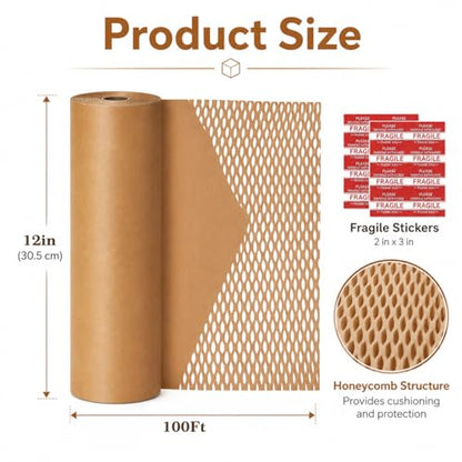 Honeycomb Packing Paper, Bubble Cushioning Wrap Alternative for Moving & Gift Wrapping, Includes 20 Fragile Sticker Labels (12Inchx100Feet) - size: 12Inchx100Feet