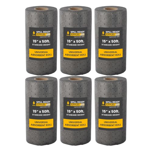 (6 Rolls) Universal Absorbent Mat Roll 15" x 50' - Absorbs Up to 6 gal. per roll, Perforated Industrial Sorbent Mat Roll for Oil, Coolant & Water - Gray Absorbent Pad for Shops - color: 15" x 50' Standard Roll, size: 6