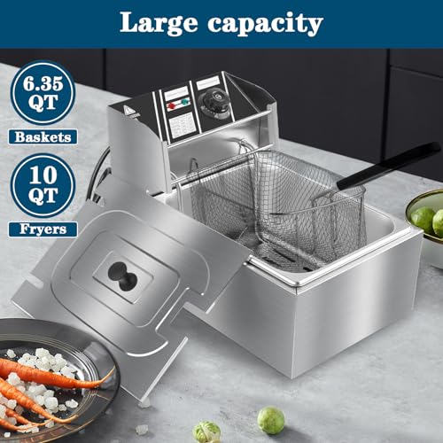 10QT Electric Deep Fryer, 2500W Commercial Stainless Steel Single Tank Countertop Fryer with Basket & Lid, Temperature Control for Restaurant, Food Truck & Home Use - size: 10QT