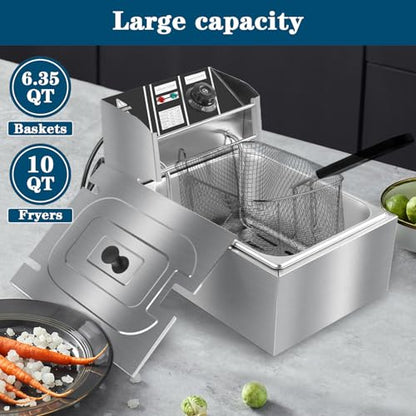 10QT Electric Deep Fryer, 2500W Commercial Stainless Steel Single Tank Countertop Fryer with Basket & Lid, Temperature Control for Restaurant, Food Truck & Home Use - size: 10QT