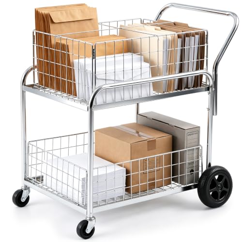 BreezeHug Mail Cart with Wheels for Office, 2 Shelf Basket Wire Cart