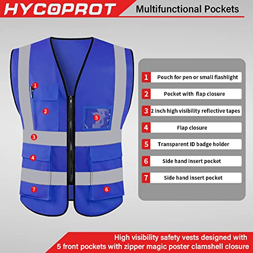 HYCOPROT High Visibility Safety Reflective Vest with Pockets and Zipper, Meets ANSI/ISEA Standards - color: Blue, size: XX-Large