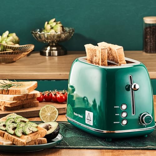 Roter Mond 2 Slice Toaster Retro Stainless Steel with Bagel, Cancel, and Defrost Functions, 6 Bread Shade Settings, Extra Wide Slots and Removable Crumb Tray, Green - color: Green