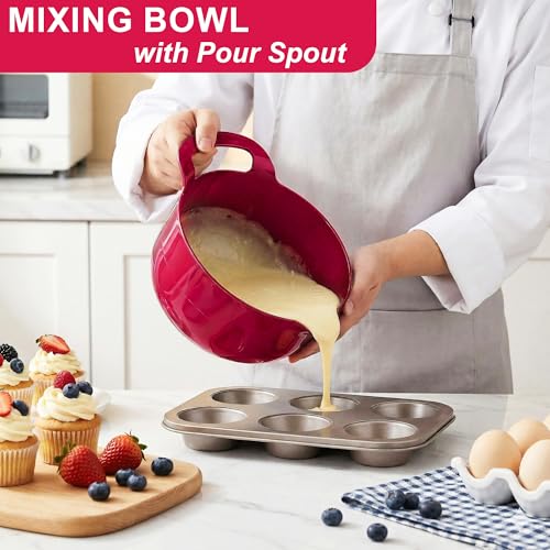 BoxedHome 4 Pack Nesting Mixing Bowl Set with Pour Spout and Handle, Non-Slip Bottom, BPA free Microwave & Dishwasher Safe(Deep Carmine) - color: Deep Carmine