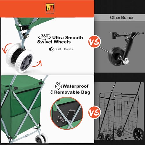 Wellmax Folding Shopping Cart with Canvas Bag & Cover, Holds 120 lb, Green - color: Green