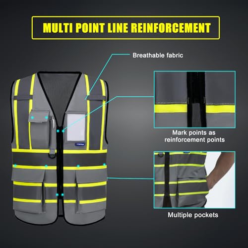 AYKRM Security Vest for Men Women 7 Pockets High Visibility Reflective Safety Vest Front Zipper Meets ANSI/ISEA - color: Grey-manage, size: 3X-Large