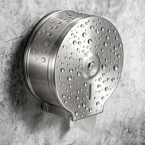 Commercial Jumbo Toilet Paper Dispenser, Brushed Stainless Steel Large Roll Bathroom Tissue Holder Wall Mount, 9” Diameter Lockable Dispenser with Key for Business Restrooms - color: Brushed Silver