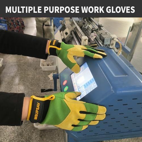 Cowhide Work Gloves, Mechanic Glove Men, Medium, Green+Yellow - color: Green+yellow, size: Medium