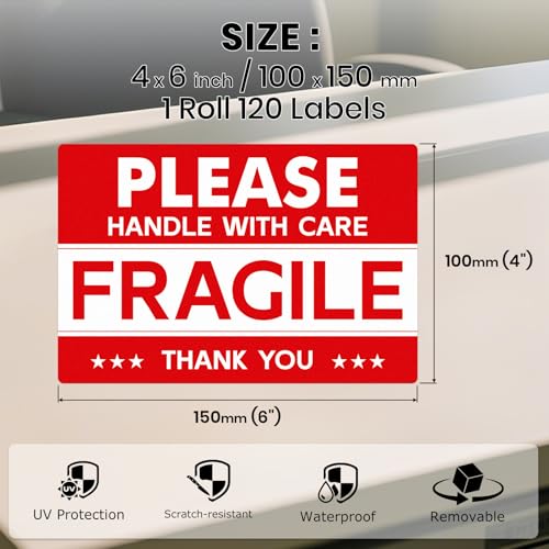 120 PCS Fragile Stickers Handle with Care Labels 4 × 6 Inches Vinyl - style: Style Two