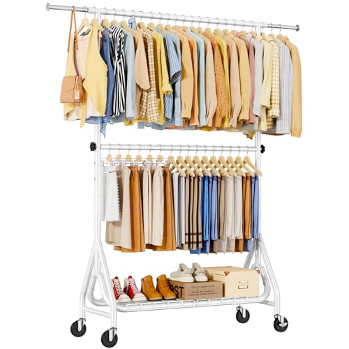 Heavy Duty Clothes Rack for Hanging Clothes, Double Rods Clothing Rack with Lockable Wheels, Rolling Garment Racks with Shelf, Easy to Assemble, White - color: White, size: Doule Rods
