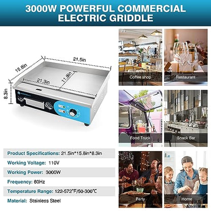 IRONWALLS Commercial Griddle Electric 22”, 3000W Electric Flat Top Grill, Stainless Steel Countertop Electric Griddle Nonstick with 122~572℉Adjustable Temperature Control for Restaurant Kitchen - color: Blue Panel, size: 22 Inch(Flat Top)