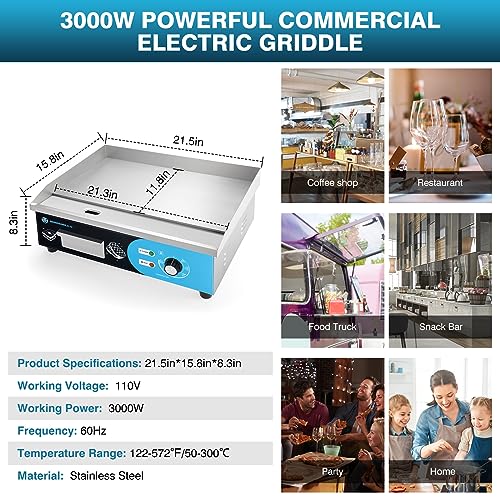 IRONWALLS Commercial Griddle Electric 22”, 3000W Electric Flat Top Grill, Stainless Steel Countertop Electric Griddle Nonstick with 122~572℉Adjustable Temperature Control for Restaurant Kitchen - color: Blue Panel, size: 22 Inch(Flat Top)