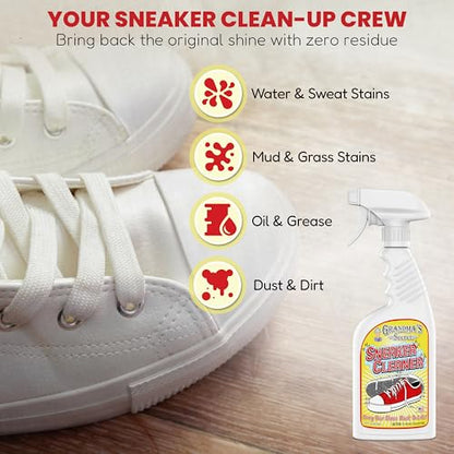 Grandma's Secret Sneaker Cleaner - Shoe Cleaner for Rubber, Canvas and Leather - Stain Remover Spray Removes Dirt, Grime and Grass - Sneakers Cleaner for Outdoor Shoes, Slippers and Moccasins – 16 oz - size: 16.00 Fl Oz (Pack of 3), style: Sneaker Cleaner