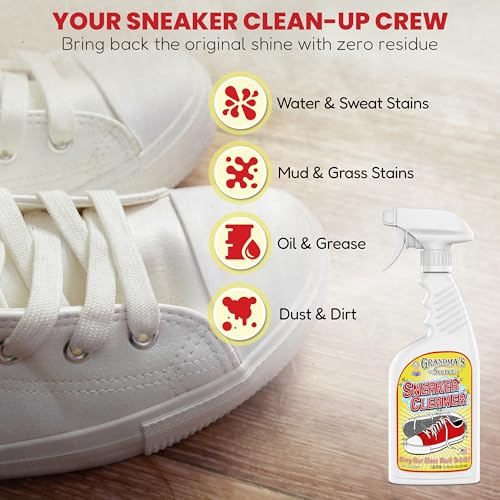 Grandma's Secret Sneaker Cleaner - for Rubber, Canvas, Leather, Stain Remover Spray Removes Dirt, Grime, Grass - Cleaner for Outdoor Shoes, Slippers, Moccasins - 16oz & 3oz Combo - size: Combo Pack, style: Sneaker Cleaner
