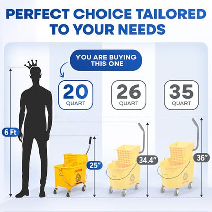 PLASTIC PRINCE Mop Bucket with NEW Reinforced Metal Wringer on Wheels Small 5 Gallon Dual Chamber Industrial Mop Bucket with Reinforced Metal Wringer Separate Dirty Water 20 Quart Yellow