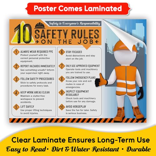 10 Safety Rules on the Job Poster 2026 – 18x24 Durable Laminated Business Safety First Poster Sign, Tear-Resistant, Waterproof Workplace Safety & Industrial Safety Poster for Construction (Pack of 1)