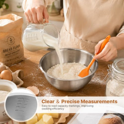 3 Pcs Stainless Steel Mixing Bowls (7.1") with Silicone Spatula, Metal Bowl Set with Measurement Marks, Reusable & Stackable Baking Food Storage Containers for Kitchen Salad Making, Meal Prep