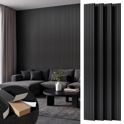 Amsleekey 4-Pack 108″x11″ Acoustic Wood Slat Wall Panels, 8 Hooks, Black - color: Black, size: 108 x 11 in - 4 pcs