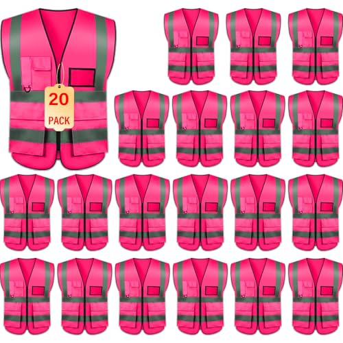 Safety Vests 20 Pack,Hi Vis Construction Vest with 5 Pockets and Zipper,Reflective Vest for Men Women Work One Size - color: Pink