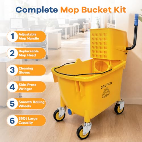 Chasesun 35 Quart Commercial Mop Bucket with Side Press Wringer on Wheels