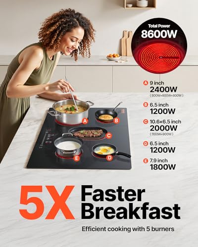 VEVOR Built in Electric Stove Top, 30 inch 5 Burners Ceramic Cooktop, 240V Glass Radiant Cooktop with Sensor Touch Control, Timer & Child Lock Included, 9 Power Levels for Simmer Steam Slow Cook Fry - size: 30 IN-5 Burner+Touch Control