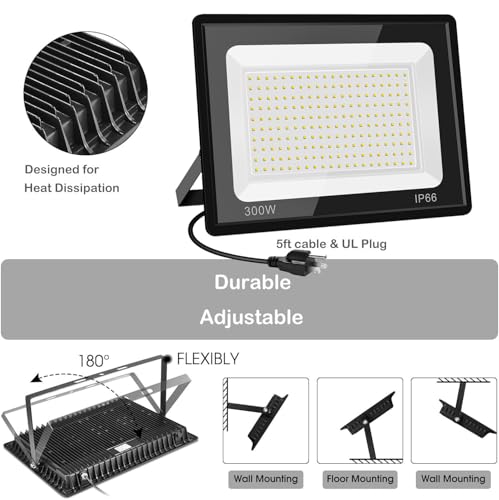 2 Pack 300W Warm White Led Flood Lights Outdoor,3000K Super Bright 36000LM Security Lights with Plug,Exterior IP66 Waterproof FloodLight for Yard, Garden, Playground, Stadium - size: 300w_2pack