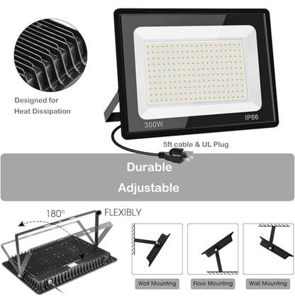 2 Pack 300W Warm White Led Flood Lights Outdoor,3000K Super Bright 36000LM Security Lights with Plug,Exterior IP66 Waterproof FloodLight for Yard, Garden, Playground, Stadium - size: 300w_2pack