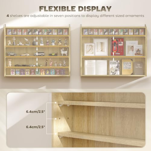 HOMCOM 5-Tier Wall Mounted Display Cabinet Glass Doors Oak - color: Oak
