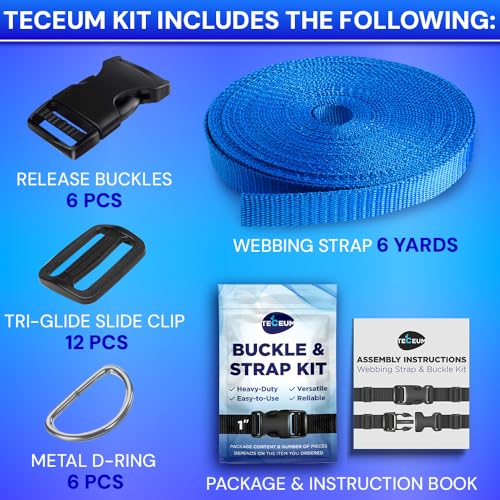 TECEUM 1" Nylon Strap Kit with Buckles, Simple Blue 6 yards Repair Set - color: Simple Blue, size: 1" - 6 yards, style: 6 Buckle - 12 Slides - 6 D-rind