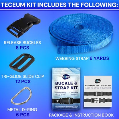 TECEUM 1" Nylon Strap Kit with Buckles, Simple Blue 6 yards Repair Set - color: Simple Blue, size: 1" - 6 yards, style: 6 Buckle - 12 Slides - 6 D-rind