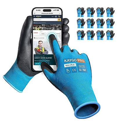 KAYGO Safety Work Gloves, PU Coated, 2-Finger Touchscreen, KG11P - color: Blue (Touch Screen), size: Medium