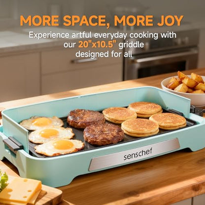 Cleansnap Everyday Electric Griddle,The Ultimate Gift for Family Feasts - 20” Nonstick Grill with Foldable Anti-Mess Shield, Rapid 1700W Heat & PPG Ceramic Coating, Dishwasher Safe, Saga Blue - color: Saga Blue