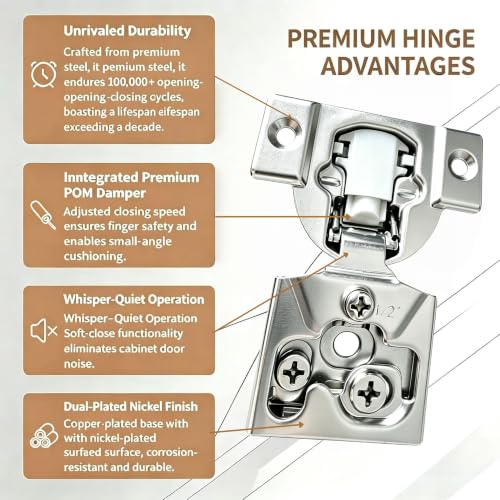 Soft‑Close 1/2" Overlay Cabinet Hinges, 105 Degree 3D Adjustable Concealed Hinges, Satin Nickel Finish, for Face Frame Kitchen Cabinet Doors, 2‑Pack (1 Pair) - size: 1/2inch Overlay