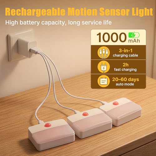 3 Pack Rechargeable Motion Sensor Stair Lights for Indoor, Wireless Battery Operated Night Light, Magnetic Led Stick On Portable Lamp for Step Hallway Closet Under Cabinet Bedroom Kitchen Bathroom - color: White - Rechargeable, size: 3 Pack