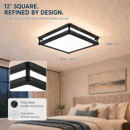 2-Pack 36W 3600LM Square Dimmable LED Ceiling Light, 12in Modern Flush Mount Ceiling Light Fixture, 2700K/3000K/4000K/5000K/6500K Adjustable Black Ceiling Lamp for Living Room Bedroom Bathroom Kitchen - color: Black, size: 2 Packs