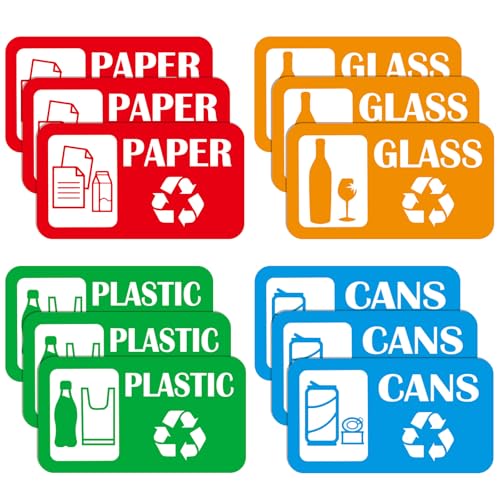 12Pack Recycling Stickers for Trash Cans,Paper Plastic Glass Cans Trash Sorting Stickers for Recycle Bins,Eco-Friendly Trash Can Recycle Signs Indoor & Outdoor Use(3"x5.7")