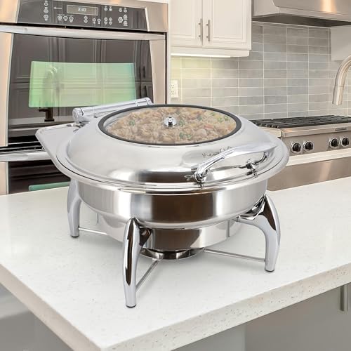 MegaChef 6.3 Quart Round Stainless Steel Professional Chafing Dish/Food Warmer/Buffet Server Serving Trays w/Window & Hinged Lid for Entertaining, Catering, Large Gatherings (6.3 Qt. w/Window) - size: 6.3 Qt. w/ Window