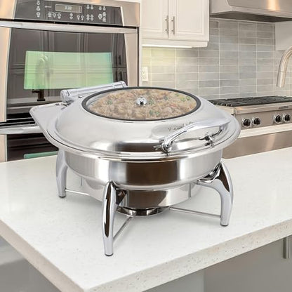 MegaChef 6.3 Quart Round Stainless Steel Professional Chafing Dish/Food Warmer/Buffet Server Serving Trays w/Window & Hinged Lid for Entertaining, Catering, Large Gatherings (6.3 Qt. w/Window) - size: 6.3 Qt. w/ Window