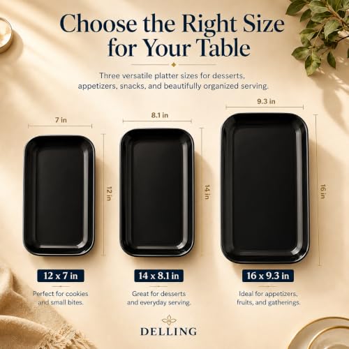 DELLING Large Serving Platter Set of 3, 16/14/12 Inch Porcelain Serving Trays for Party - Black Ceramic Rectangular Platters for Entertaining,Platter for Thanksgiving Christmas, Dishwasher Oven Safe - color: Black, size: 16/14/12 inch