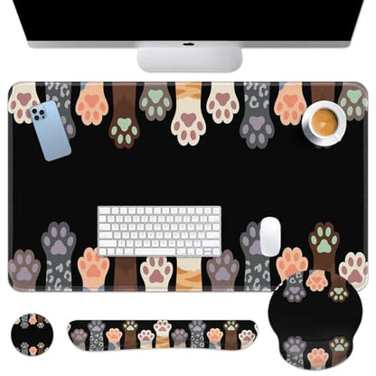 Arttown Keyboard Mouse Pad Set, 4 in 1 Desk Mat Set Cat Dog - color: Colorful Pet Paws